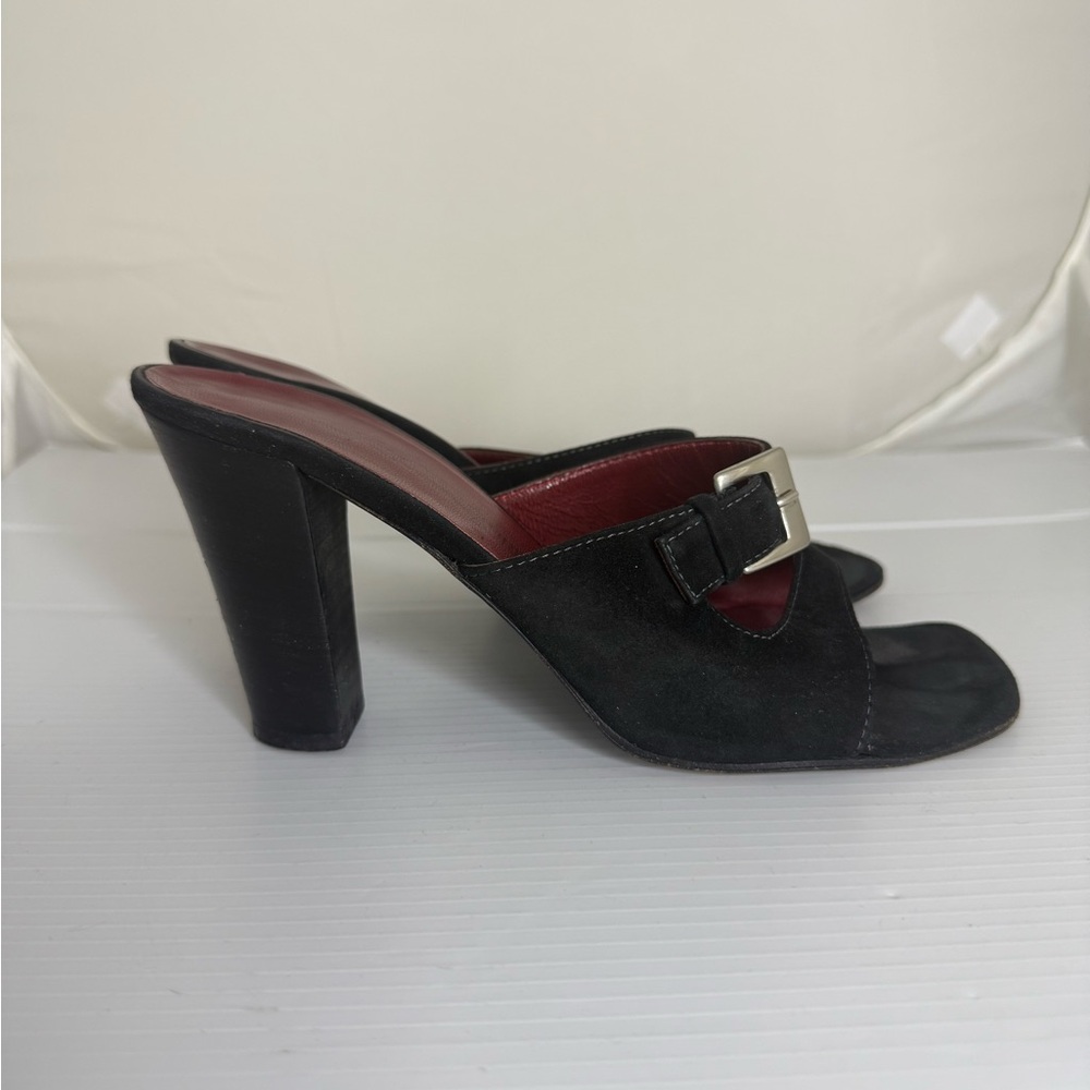 Yves Saint Laurent Black Suede Suede Square Toe Buckle Heeled Open Toe Sandals